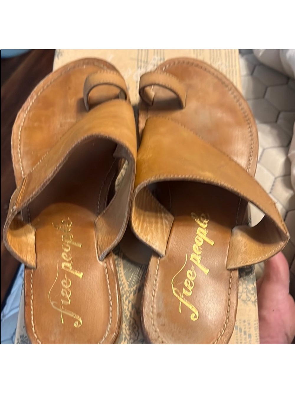 Free People Tan Leather Toe-Loop Slide Sandals